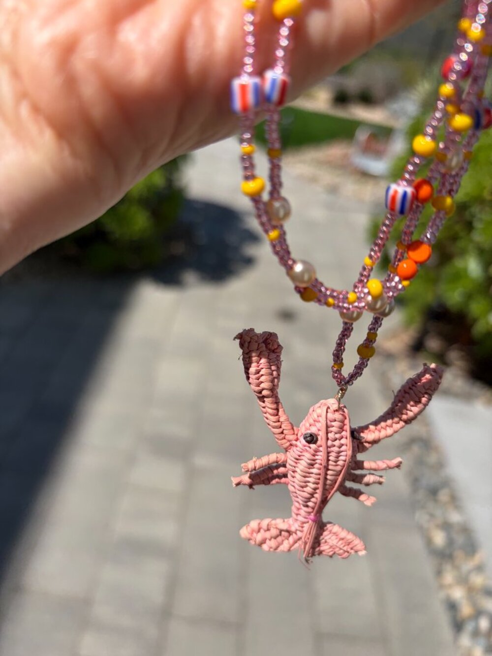 Adorable woven lobster pendant on colorful beaded necklace, 36" - Picture 3 of 7